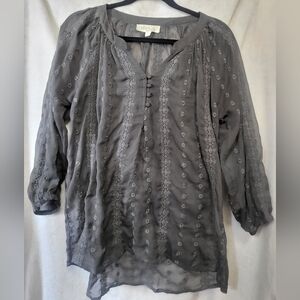 Olive & Oak Gray Blouse 3/4 Sleeve Semi Sheer Embroidered Boho Festival Size L